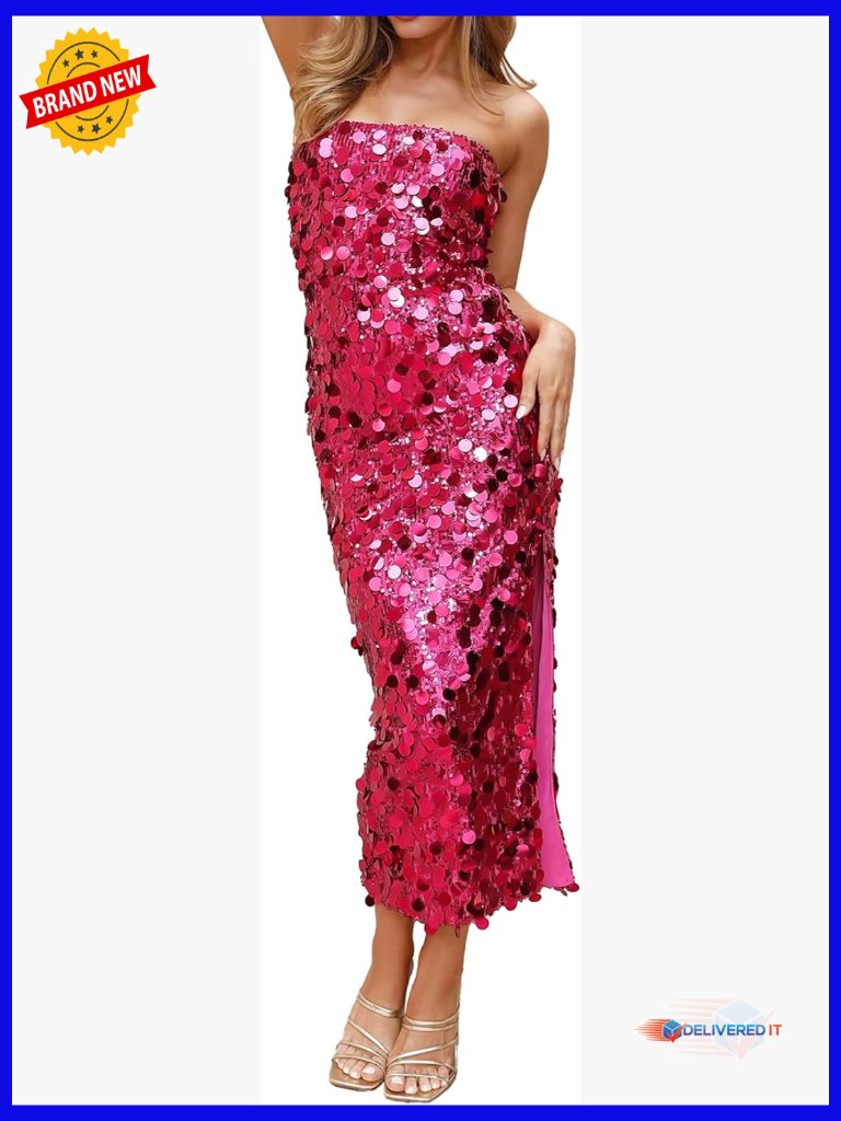 Strapless Sequin Midi Dress Bodycon Party Club Night Out S-Xl